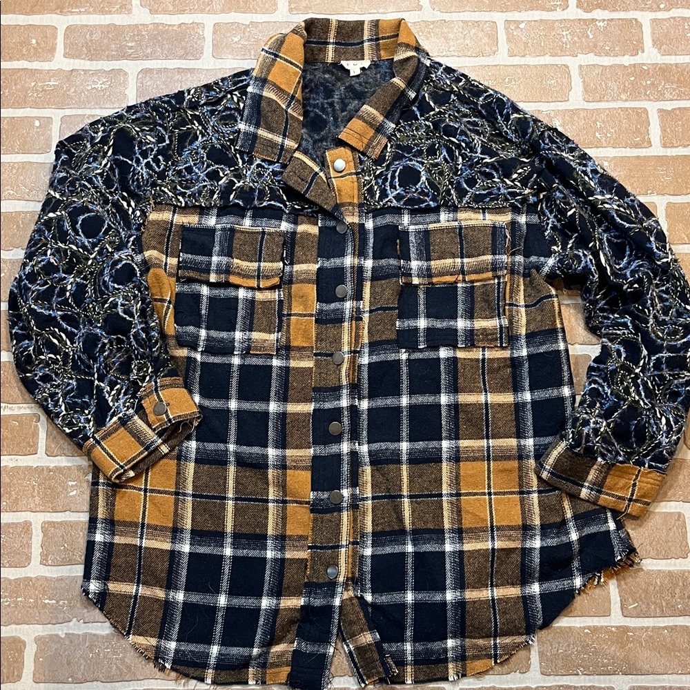 POL Women’s Large Plaid Patchwork Shirt